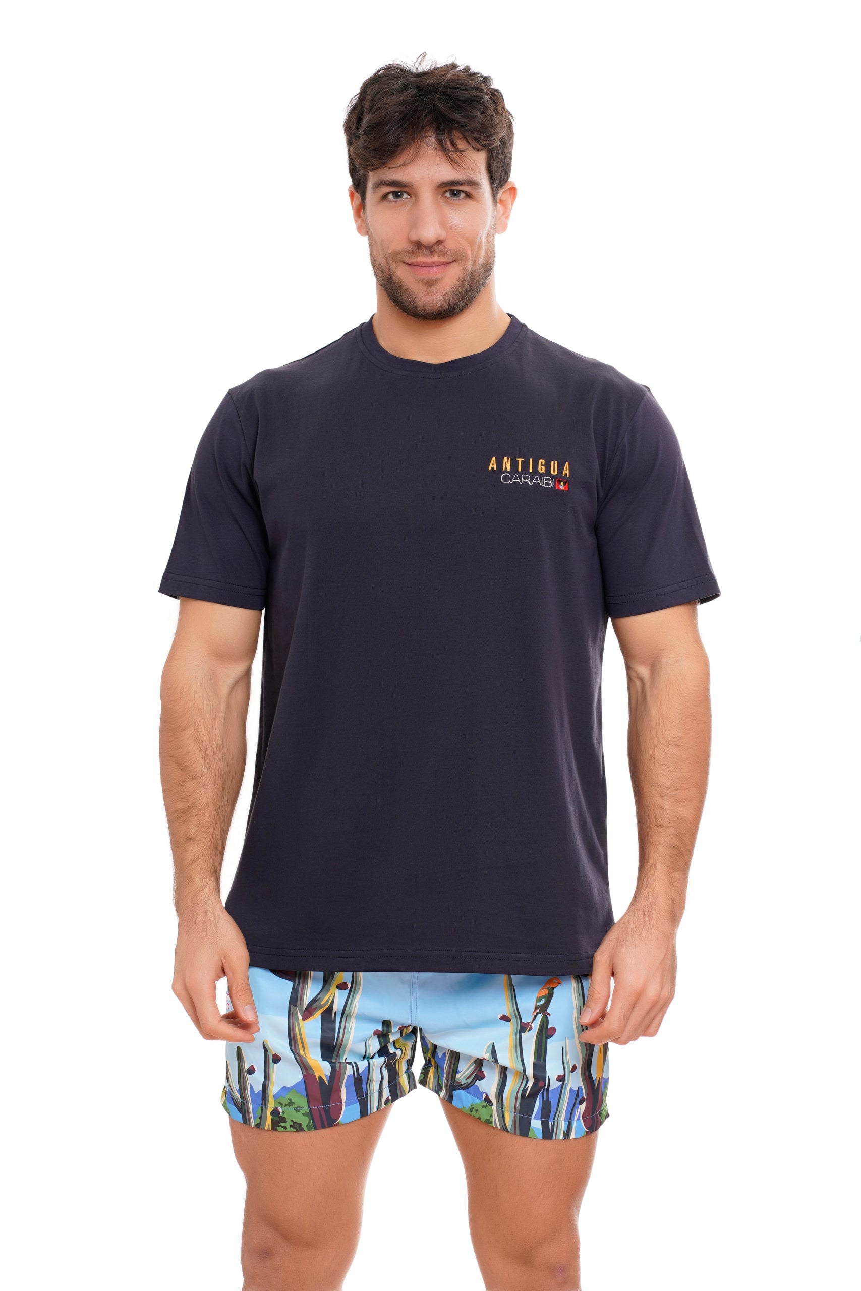 T-SHIRT WITH ANTIGUA PRINT INSERT, NAVY BLUE