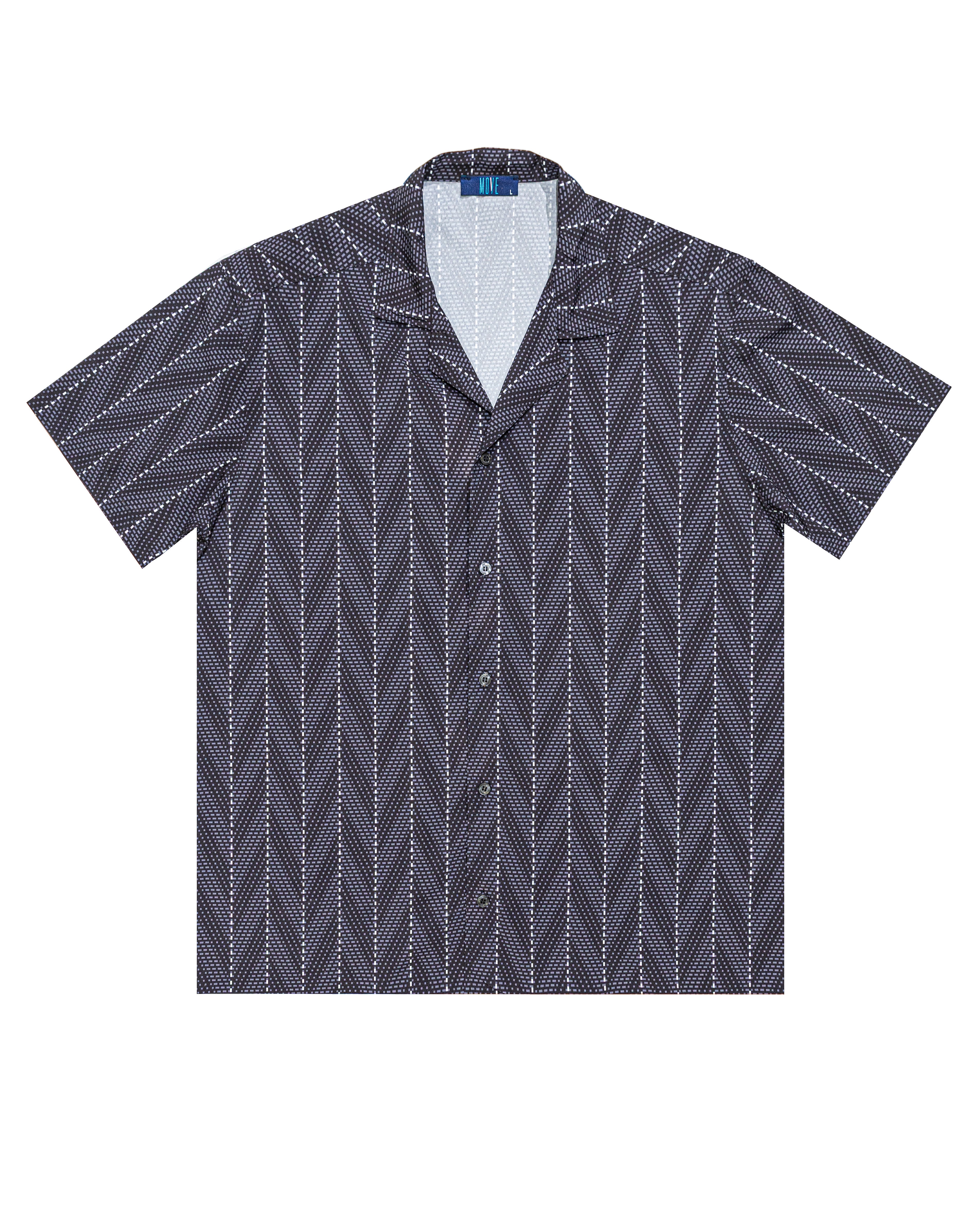 Black herringbone print bowling shirt