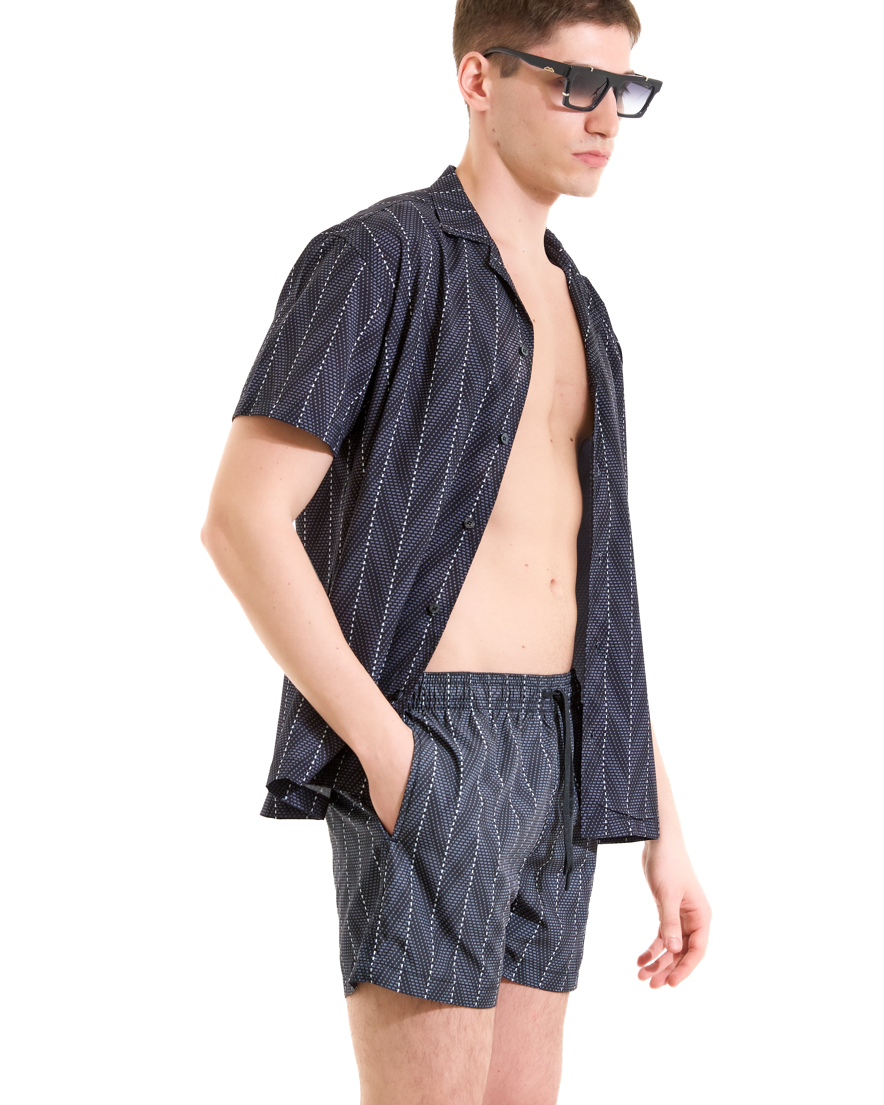 Black herringbone print bowling shirt