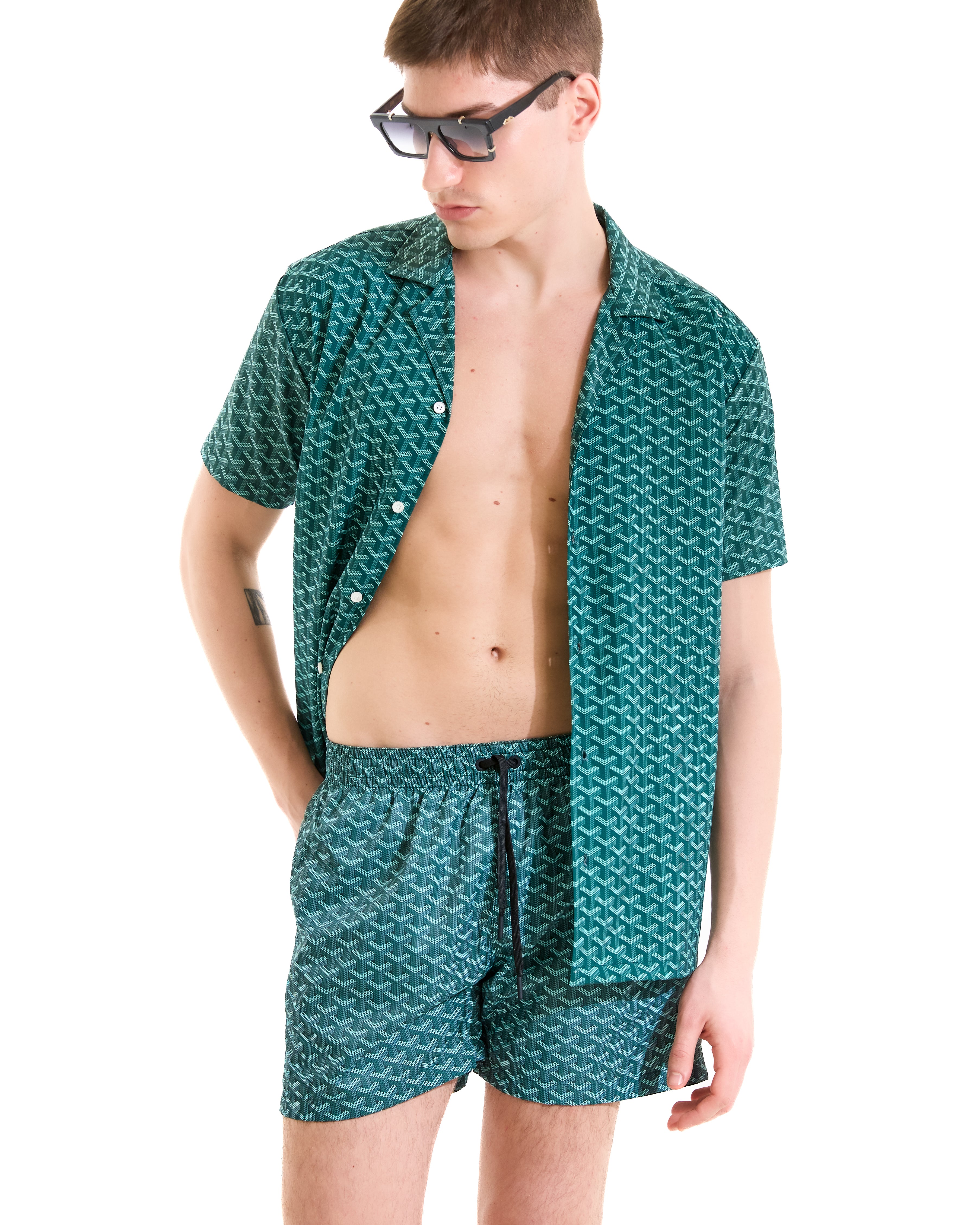 Green argyle print bowling shirt