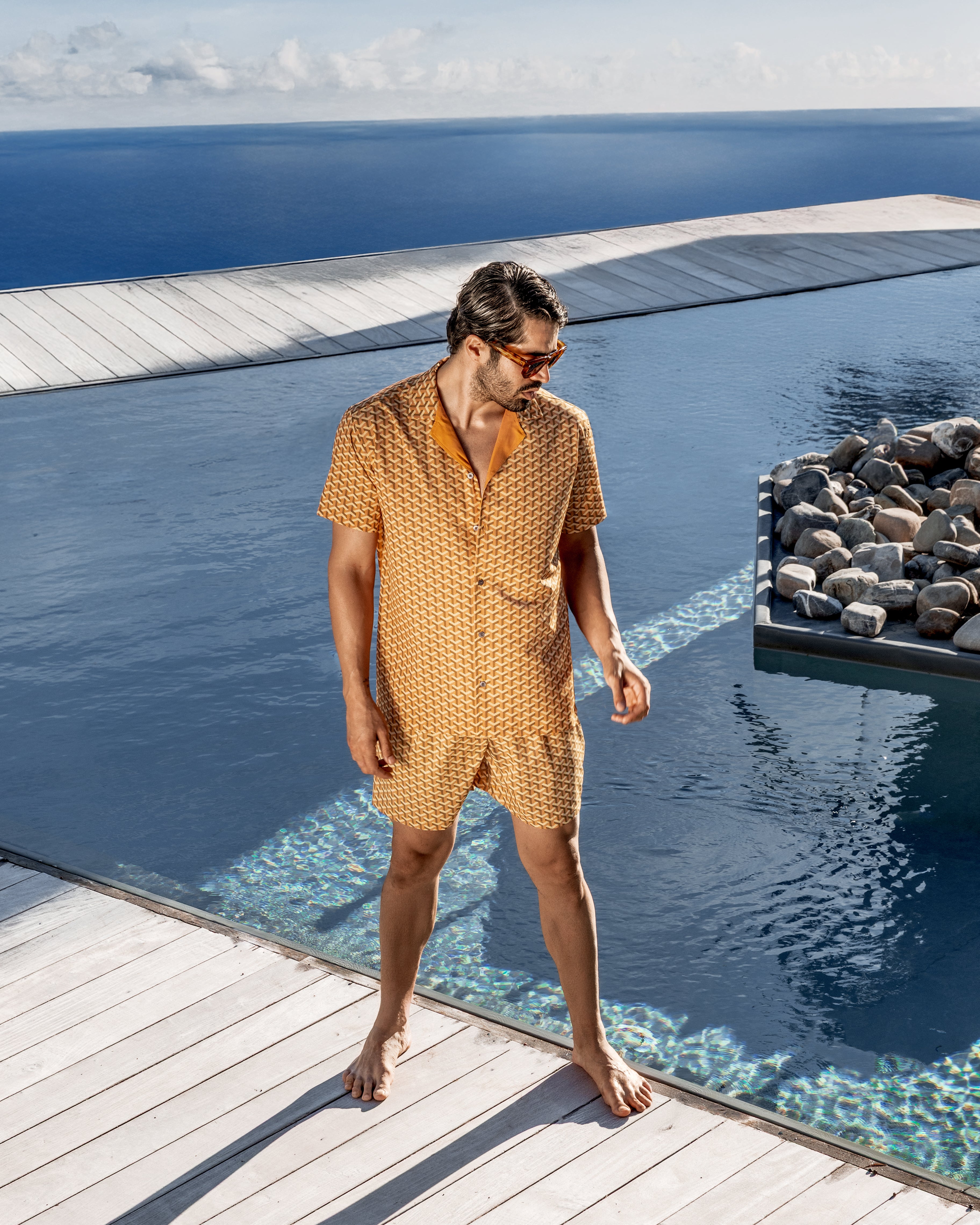 Ochre argyle print bowling shirt