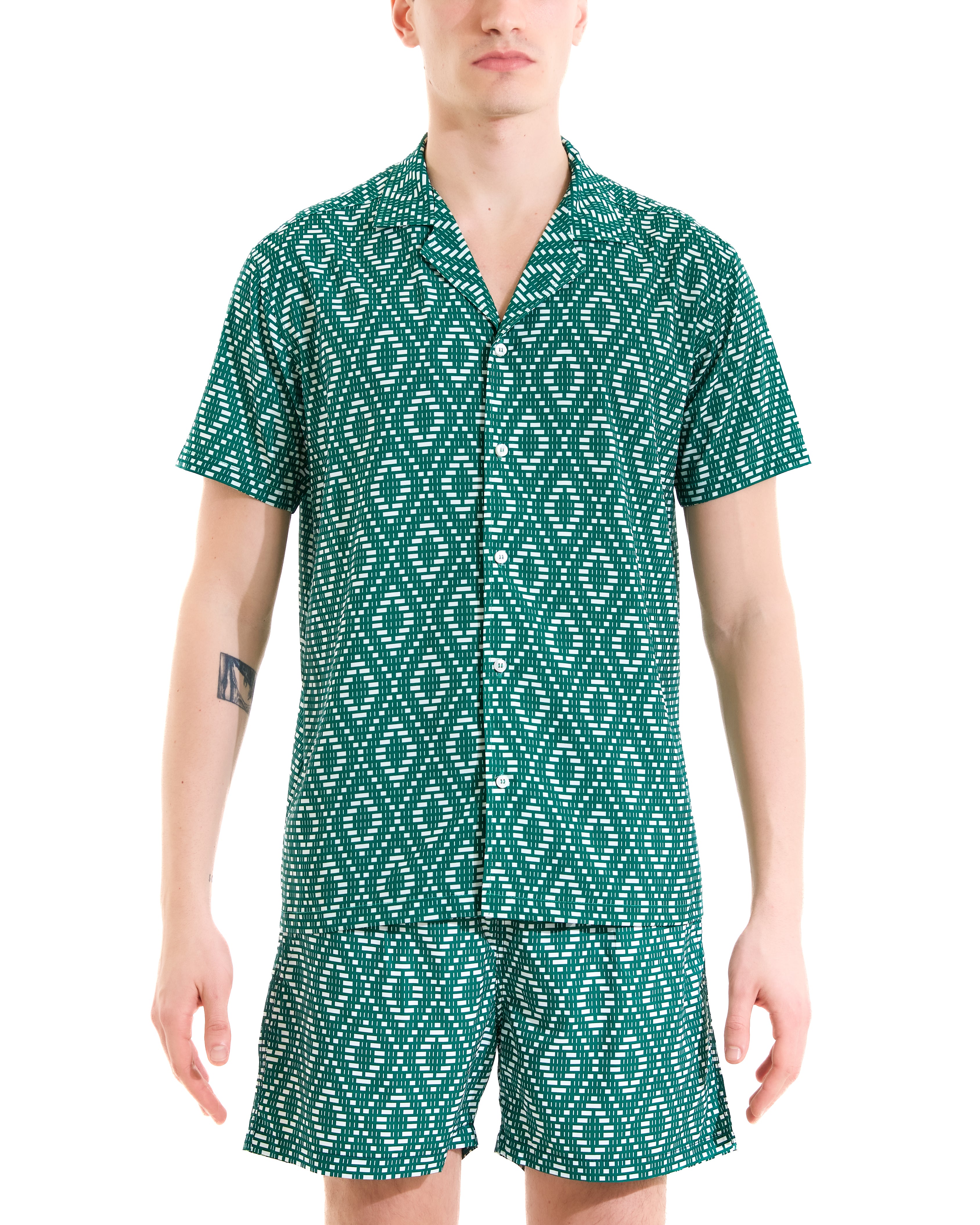 Green argyle print bowling shirt