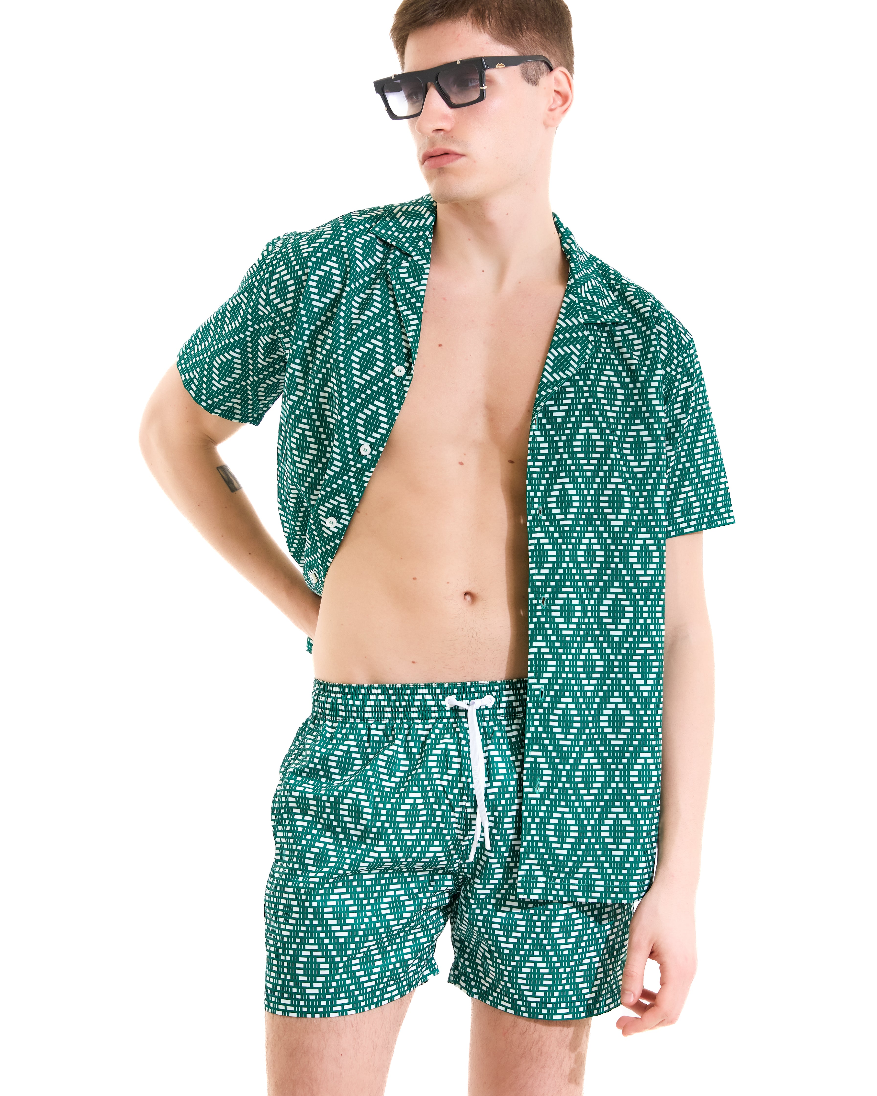 Green argyle print bowling shirt
