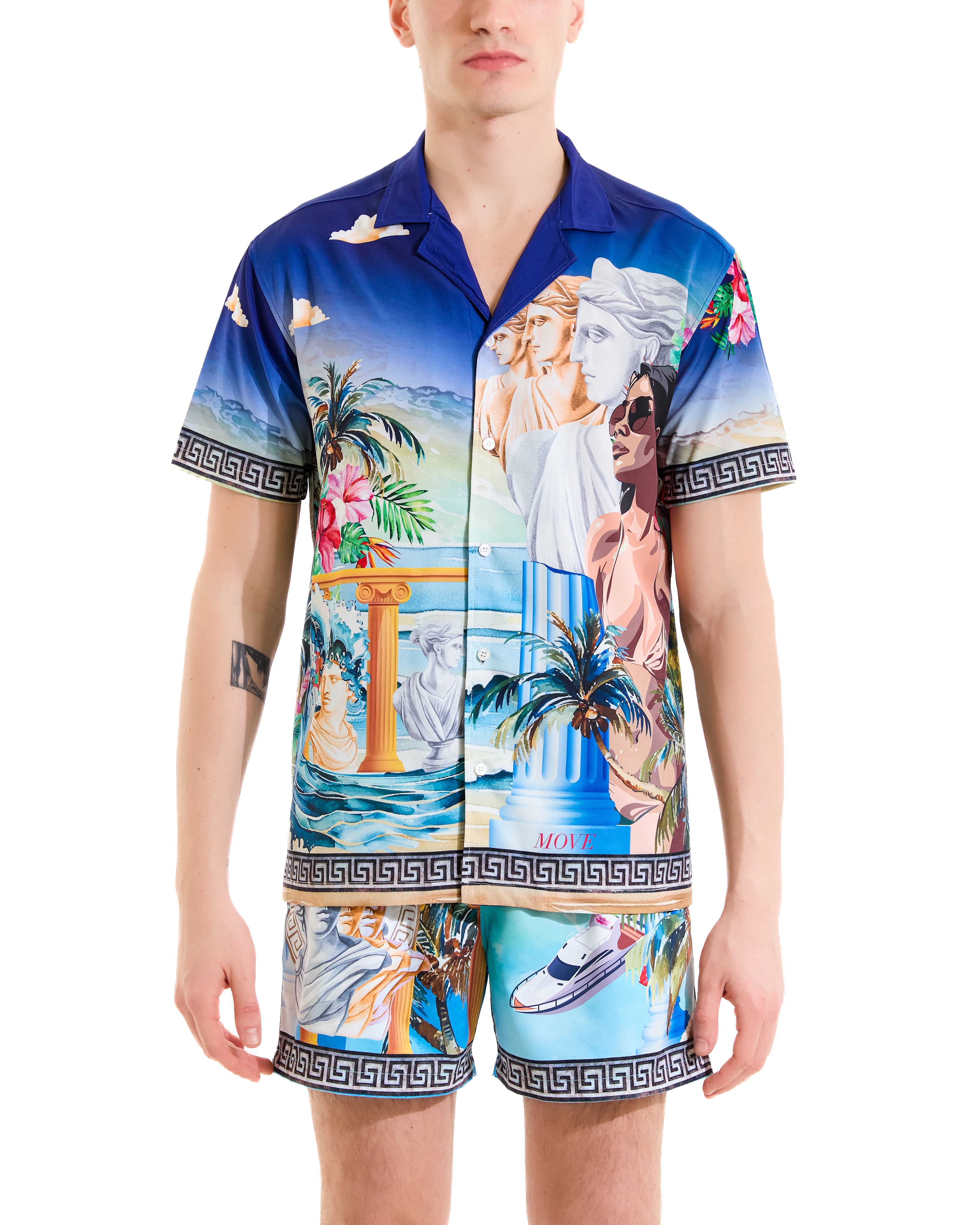 Mediterranean print bowling shirt